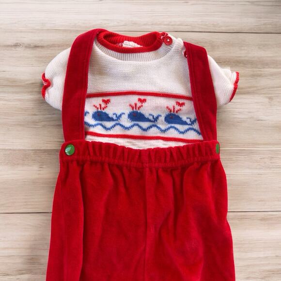 Vintage Baby Boy Outfit 0-6mo Nautical Sweater Overalls Whales 80's Red Acrylic - Picture 1 of 10